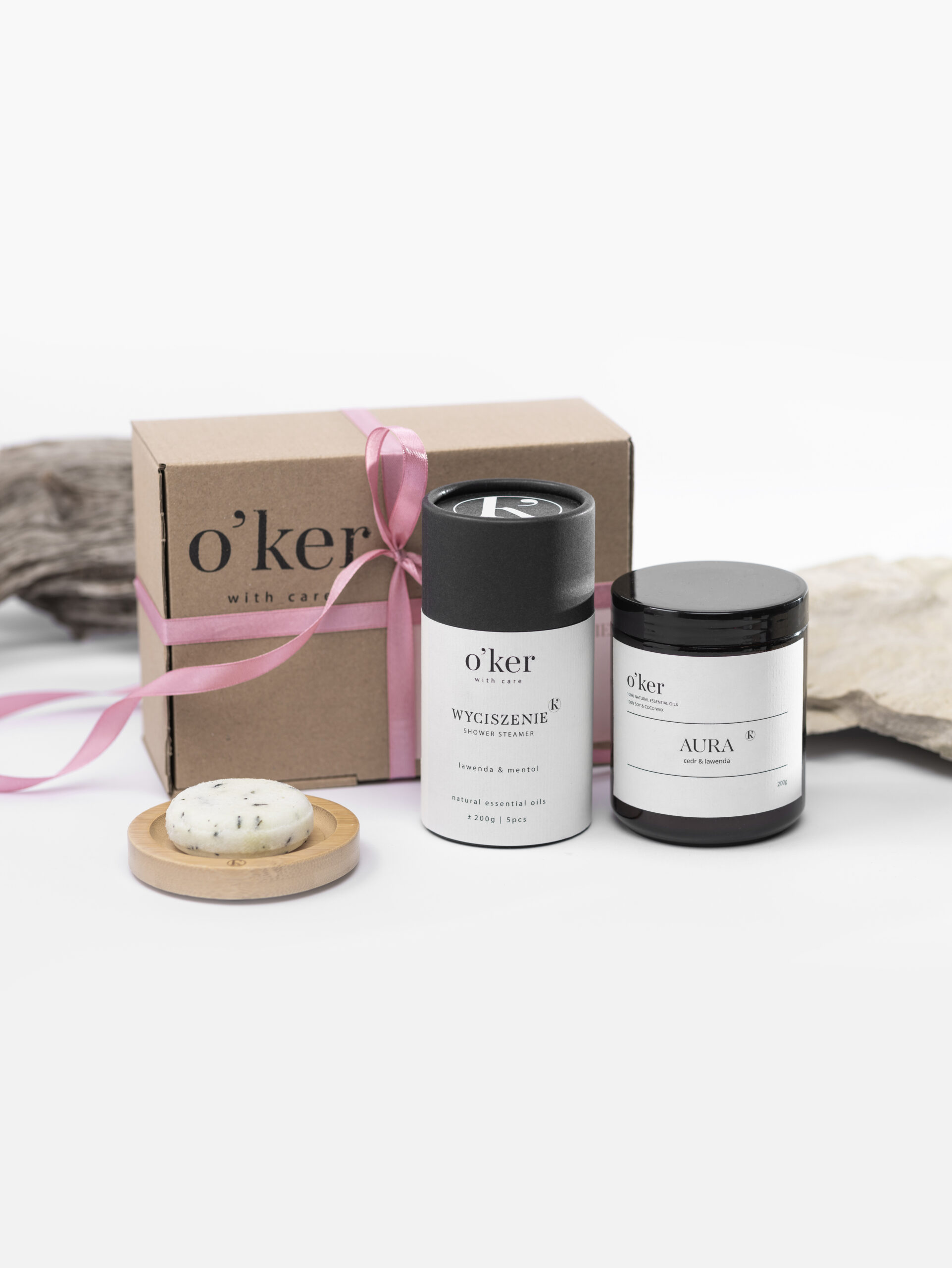 zestaw prezentowy WYCISZENIE shower steamer, świeca sojowa
